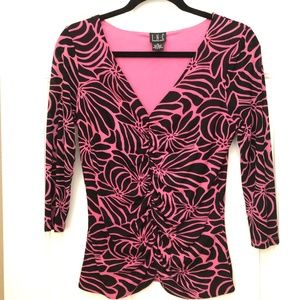 Women's I.N.C. Top, Pink & Black Print, gathered front and center, Med.